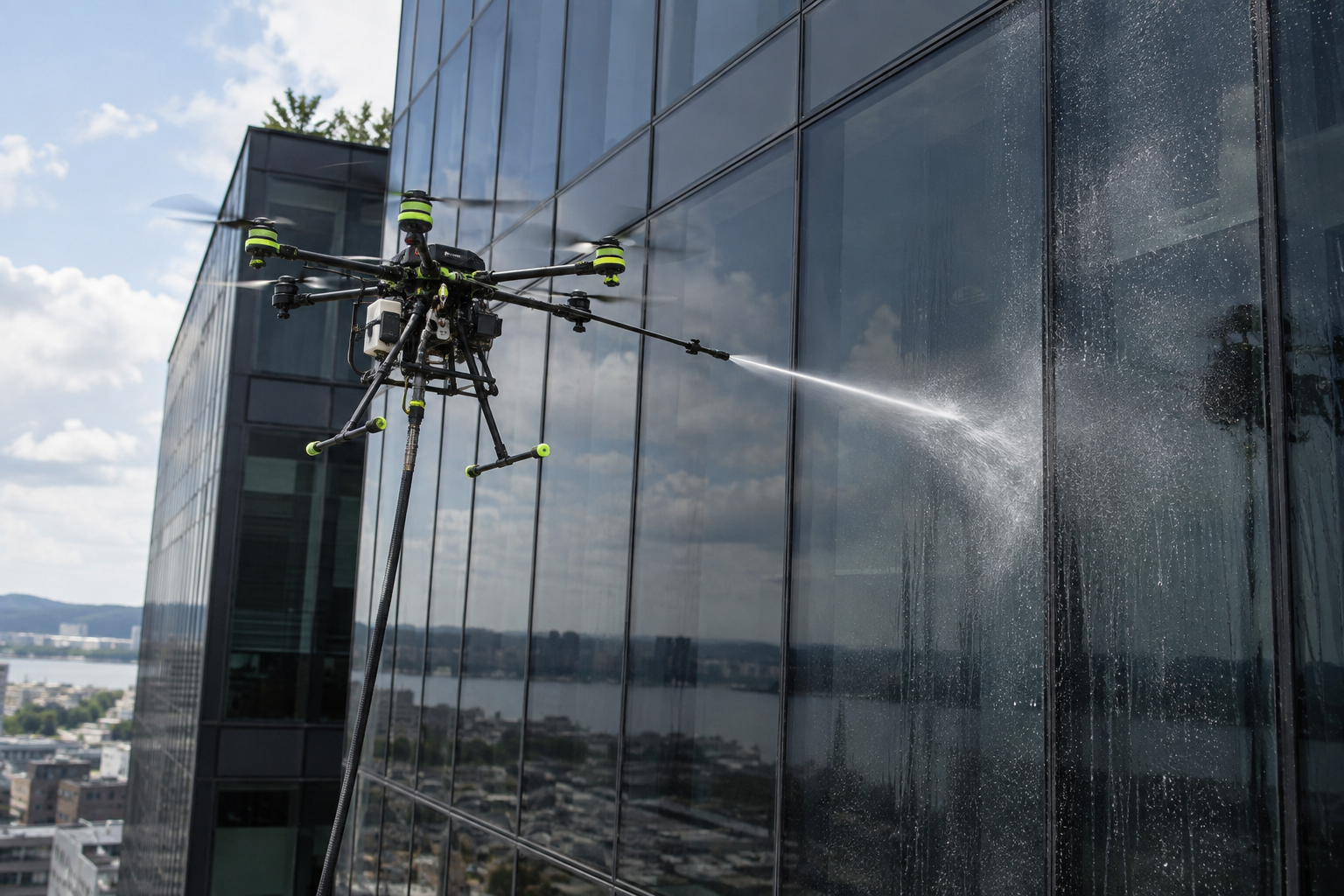Illustration of a cleaning drone spraying the glass façade of a modern building